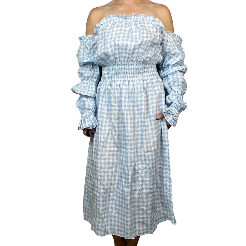 NWT Sleeper Linen White Gingham Blue Puff Sleeve Michelin Dress Blue Vichy XL